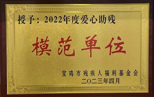 喜 訊 —— 寶雞市國(guó)有資産經營有限責任公司榮獲“寶雞市2022年度愛心助殘模範單位”